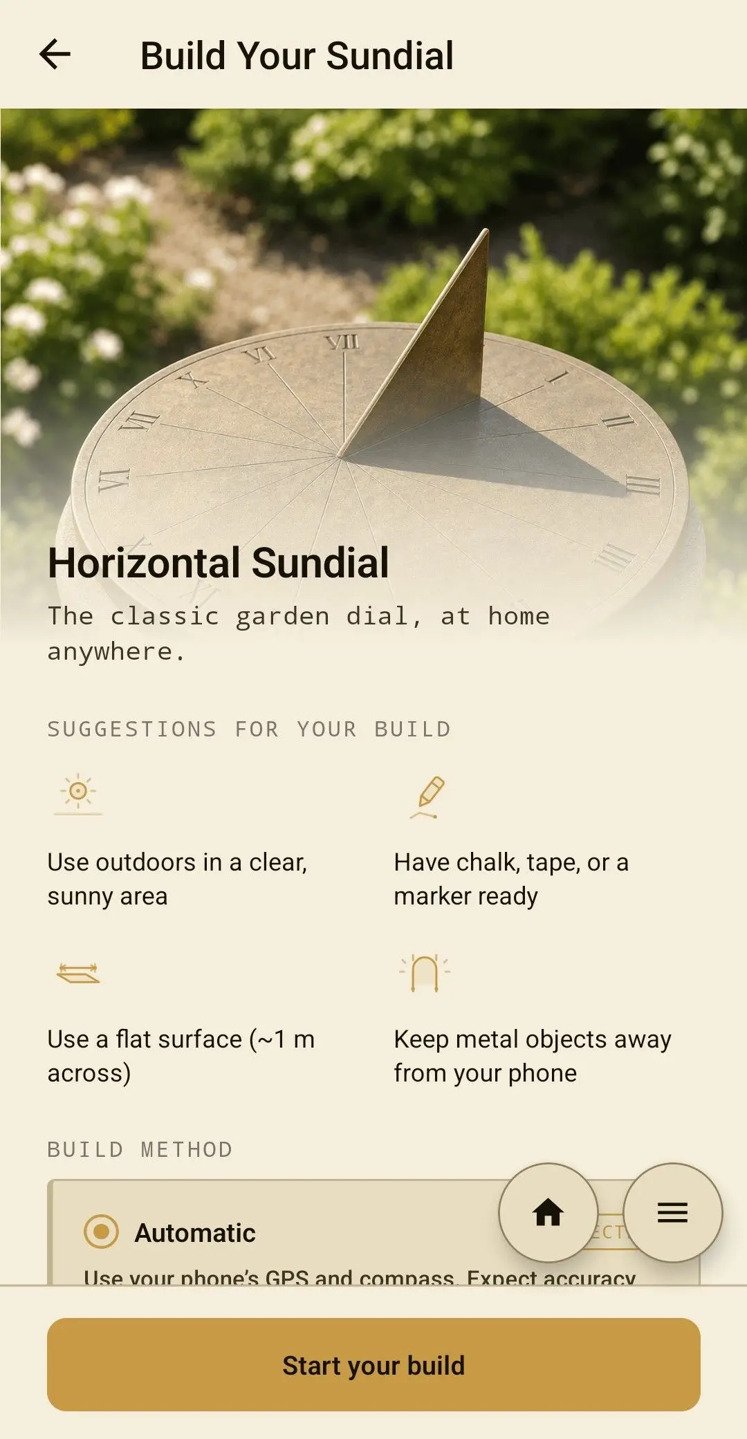 The guided build intro for a horizontal sundial