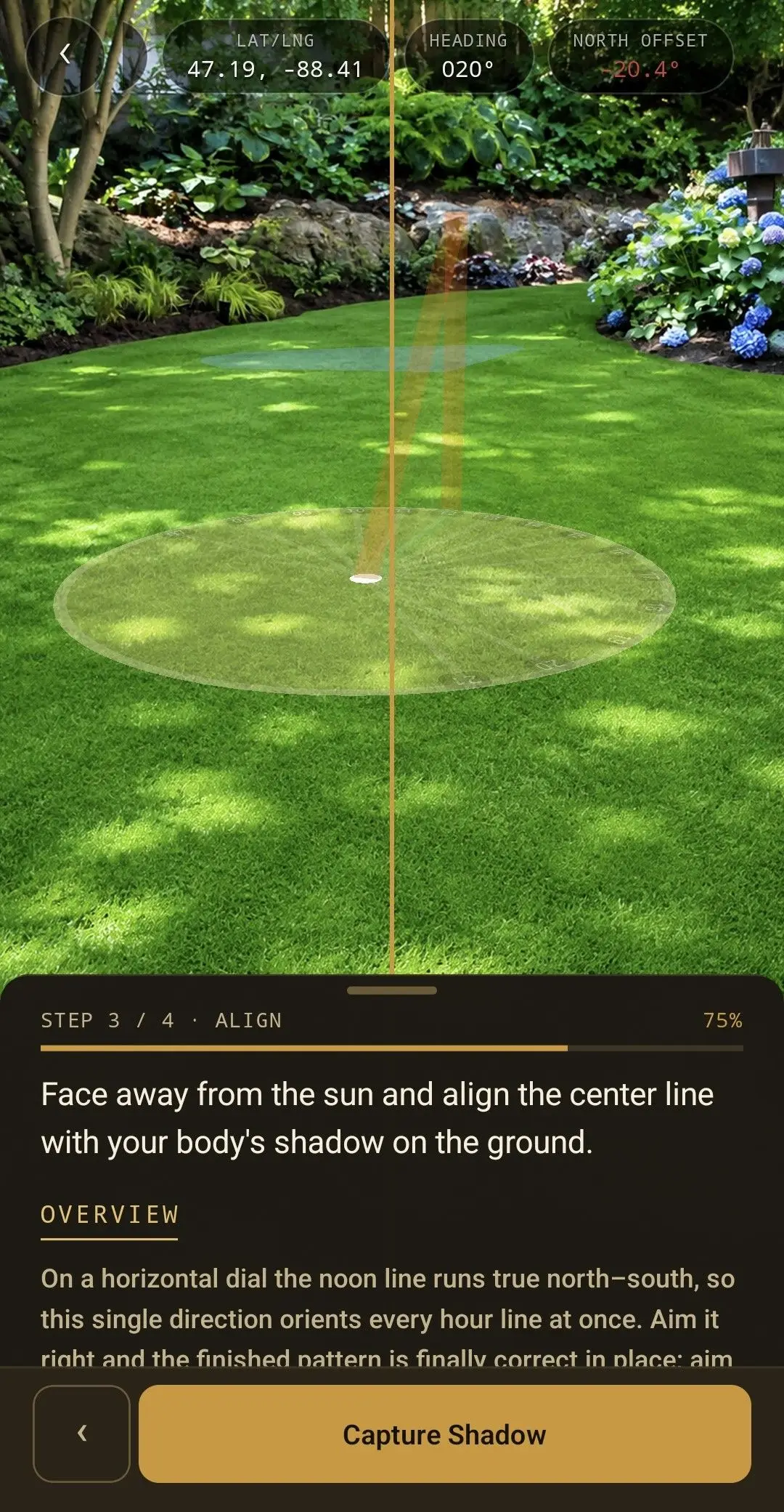 Aligning to a cast shadow to find true north in AR