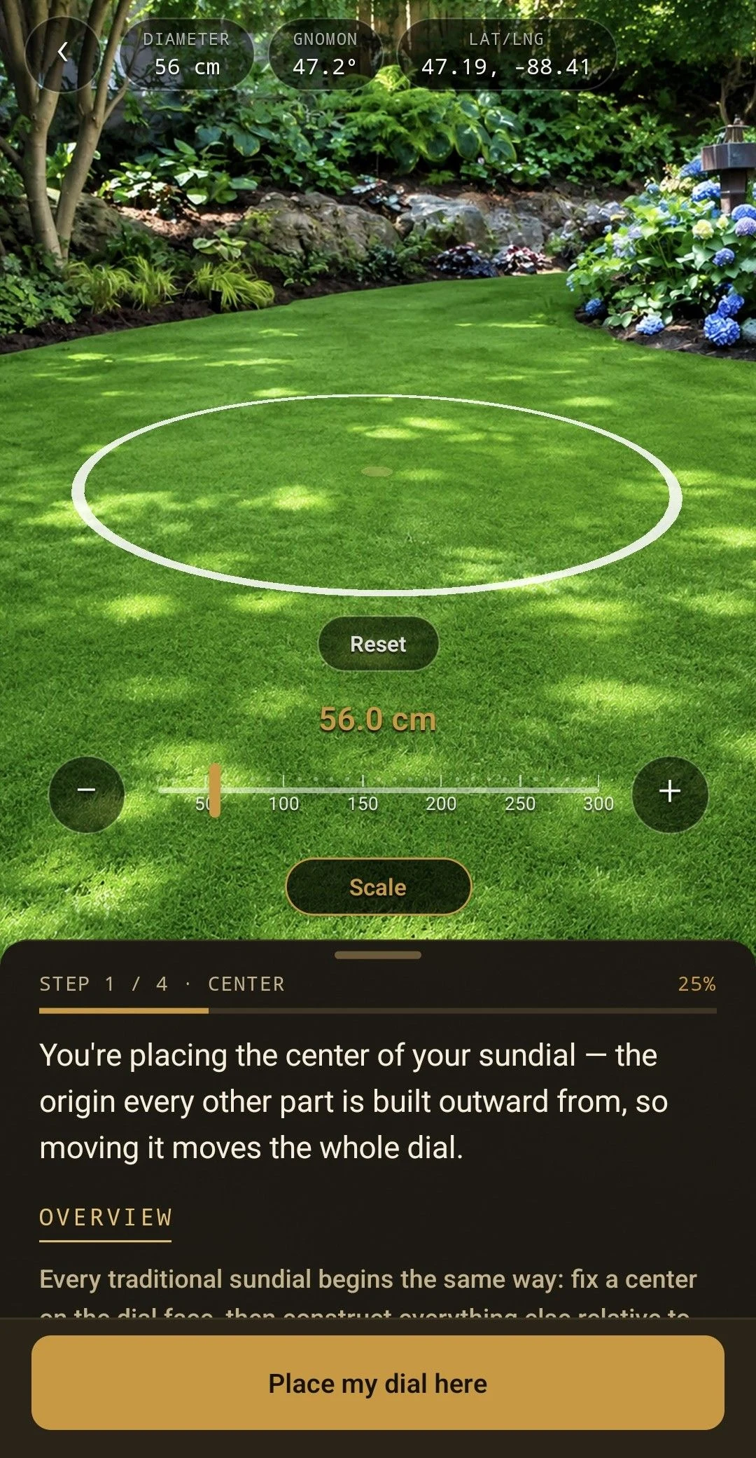Place your sundial and set its size in AR