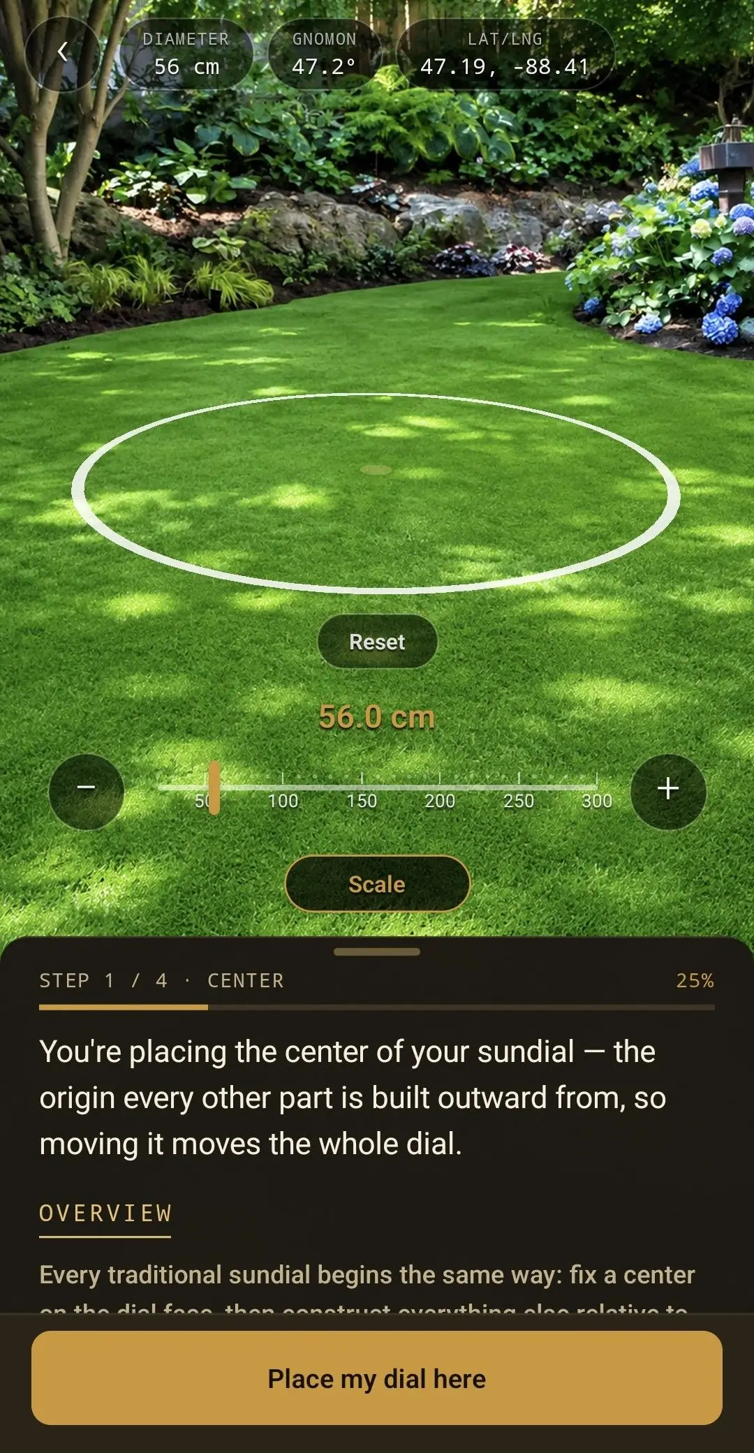 Placing the sundial and setting its size on the ground in AR