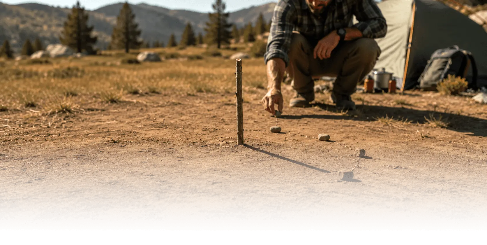 A camper at a remote mountain campsite using a stick planted in the ground and rocks placed along its shadow to track the sun and find direction, no network required.