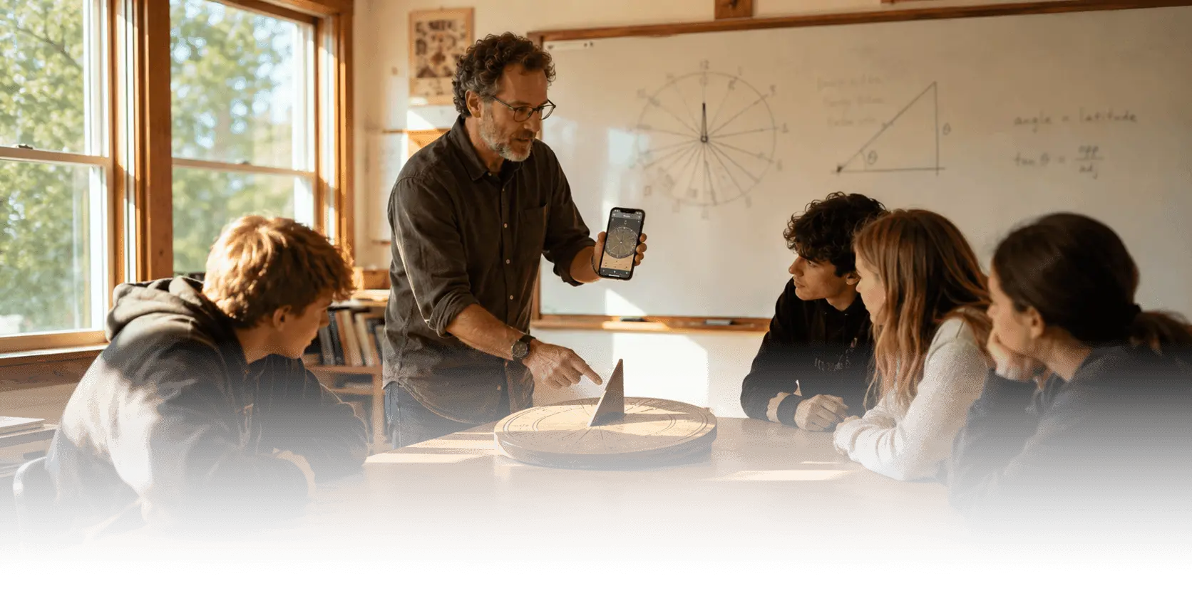 A high-school teacher holding a phone showing the app's sundial view while explaining a real sundial on the table to a few students, with sundial geometry sketched on the whiteboard behind them.