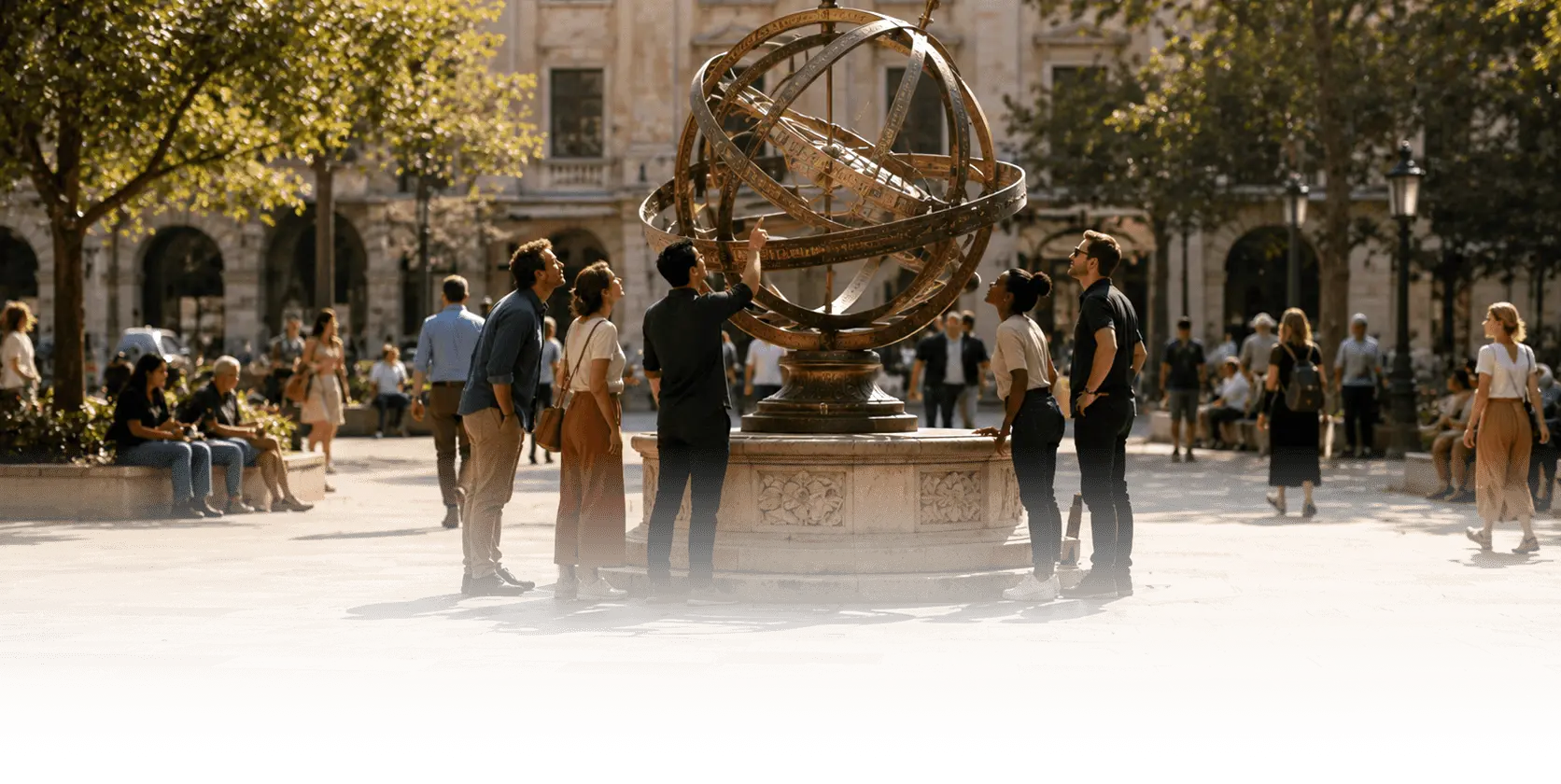 A diverse group of people gathered around a large bronze armillary sphere sundial on a stone pedestal in a sunny city courtyard, several looking up and inspecting it.