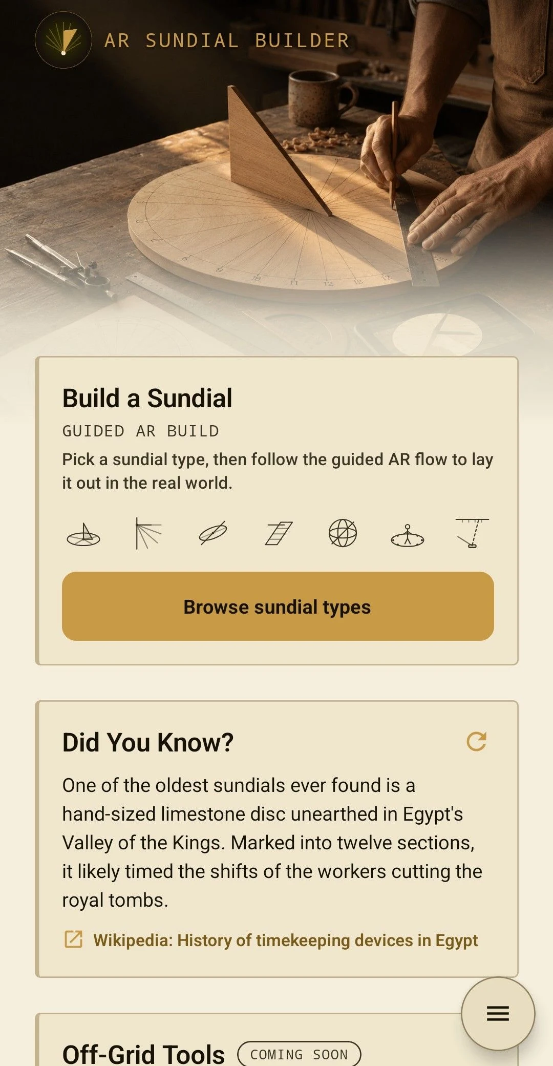 Dashboard - build a sundial or reach for the off-grid tools