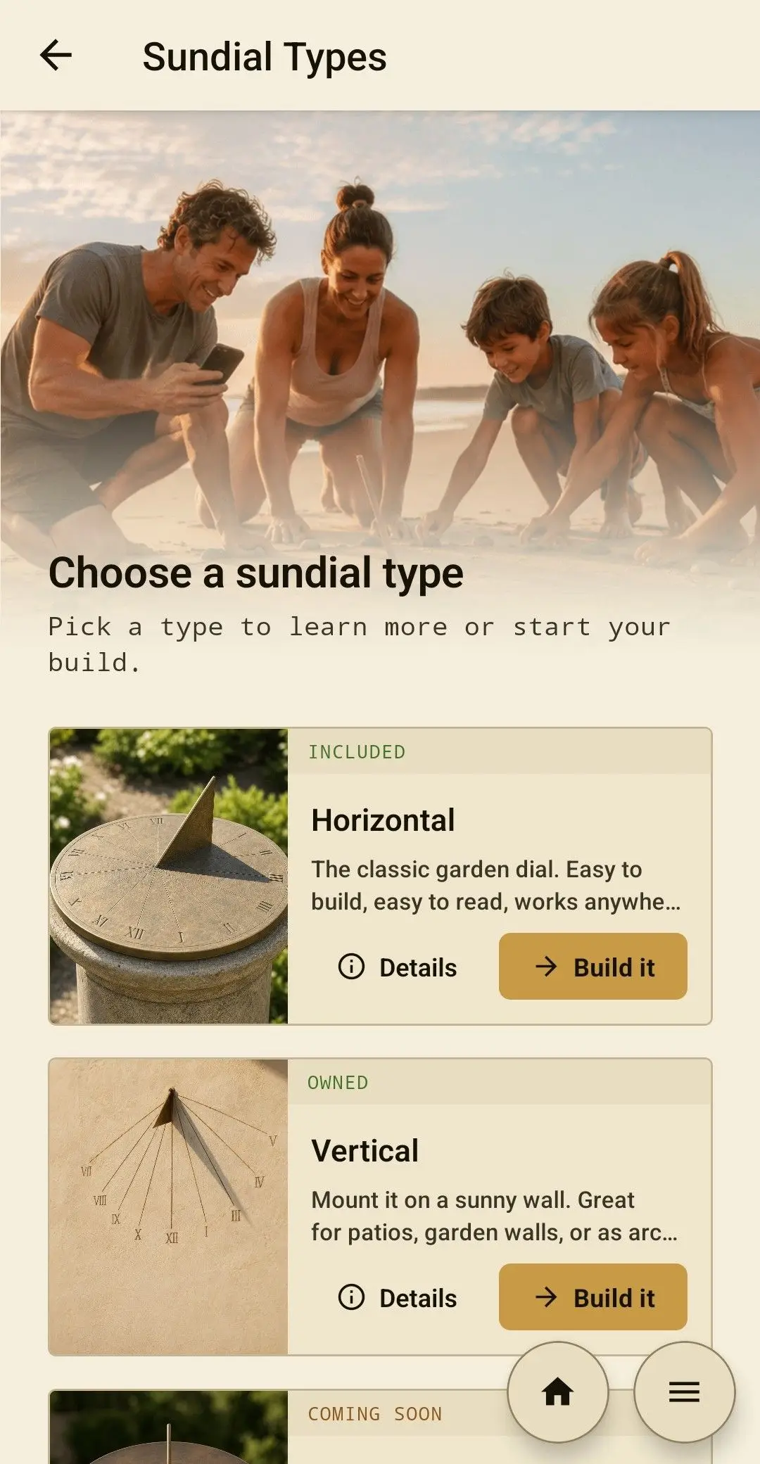 Choosing a sundial type in the app