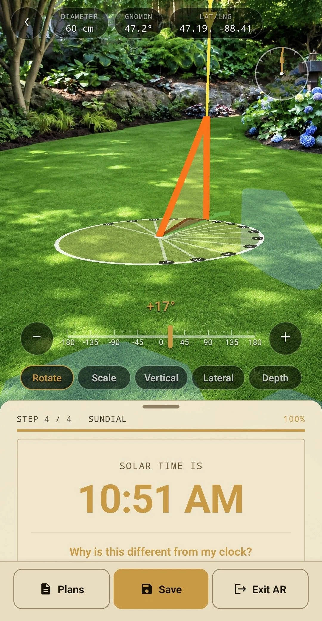 A finished sundial in AR, gnomon casting its shadow across the hour lines
