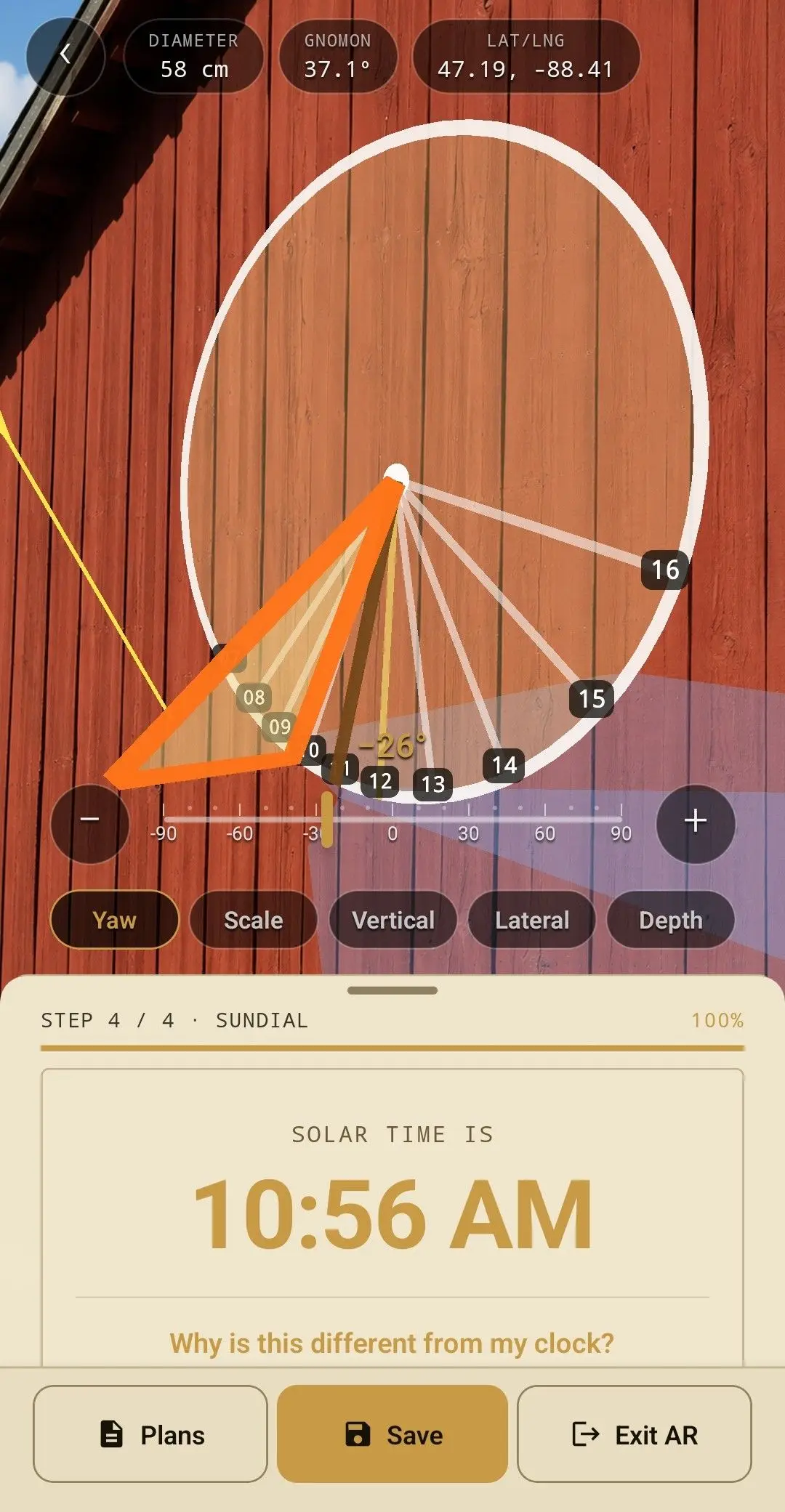 A finished sundial built on a wall in AR.