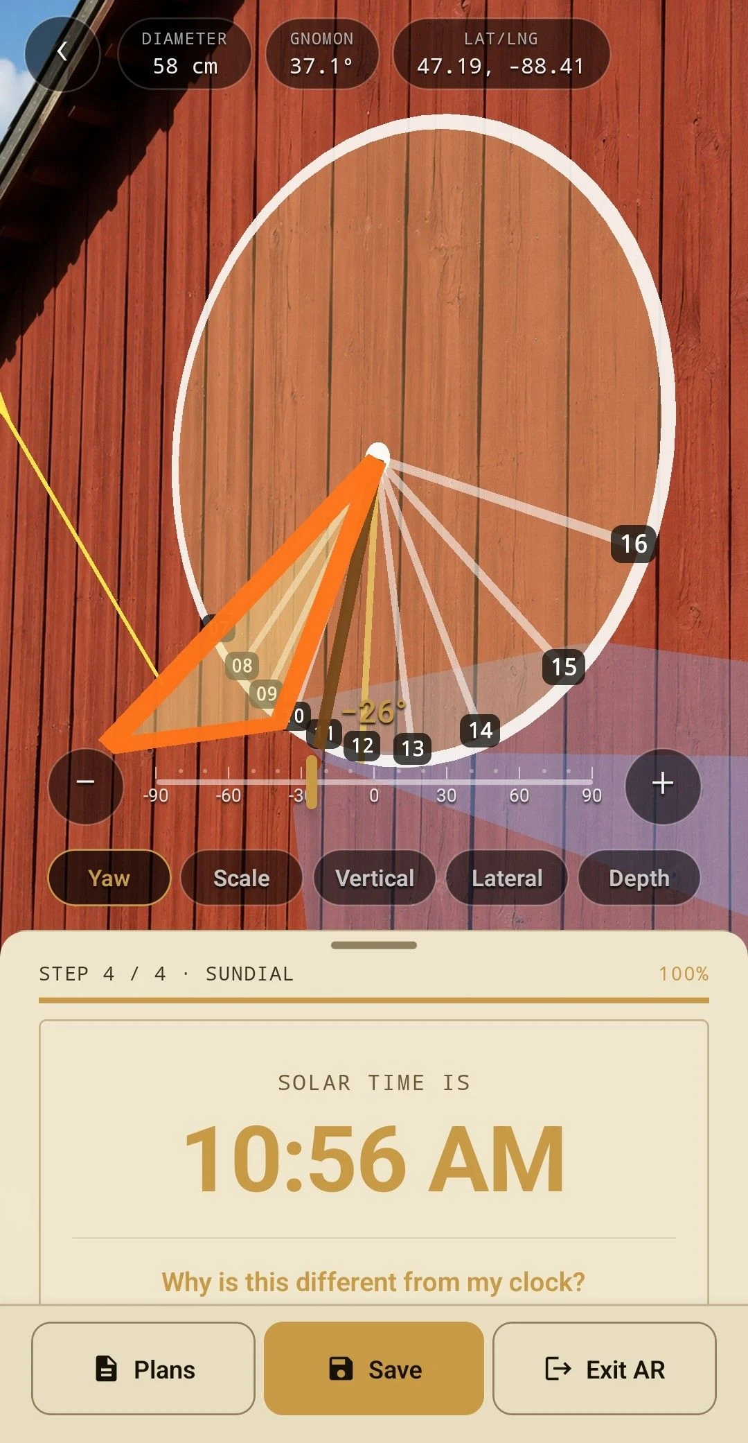 A finished sundial built on a wall in AR