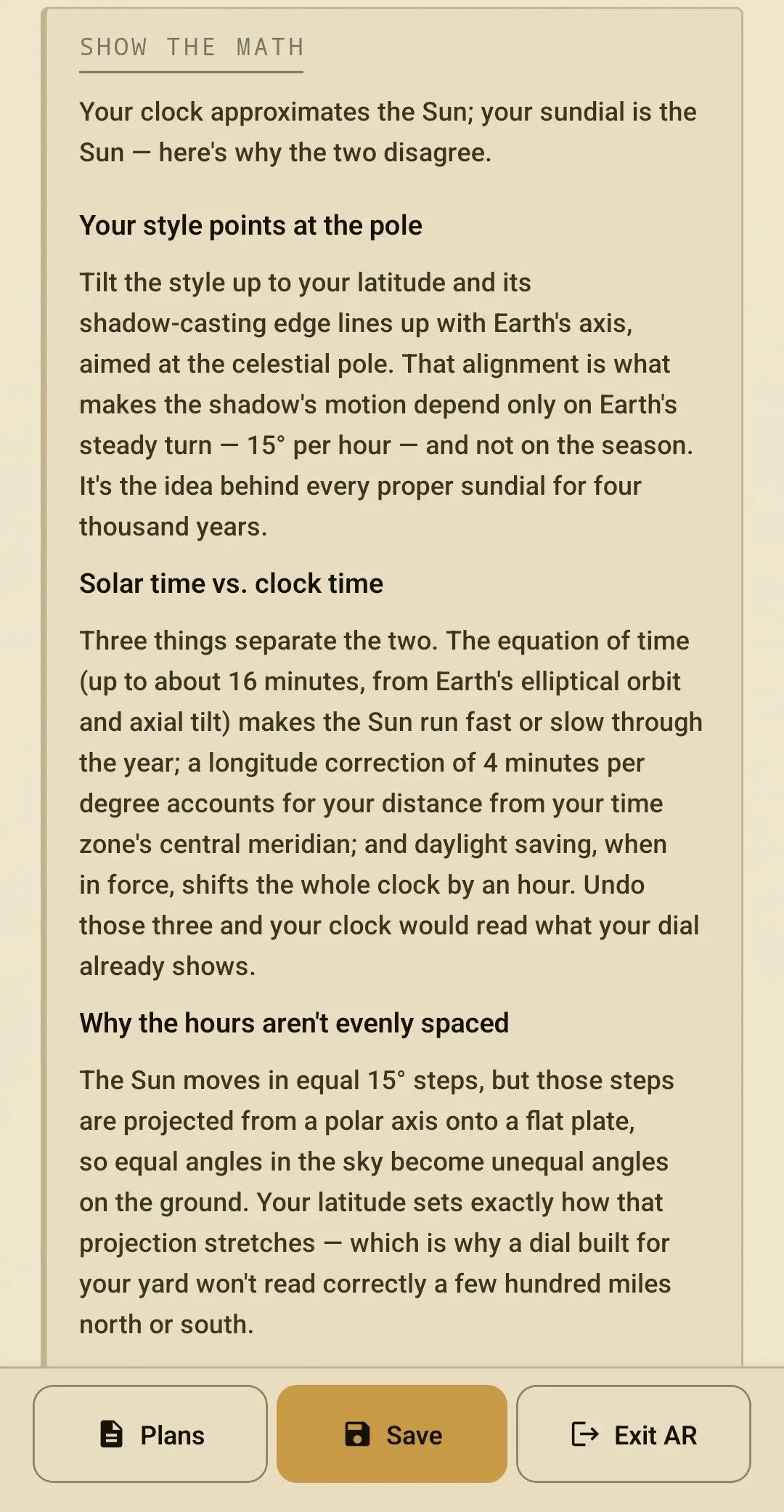 The in-app “show the math” explainer for how the dial reads the sun