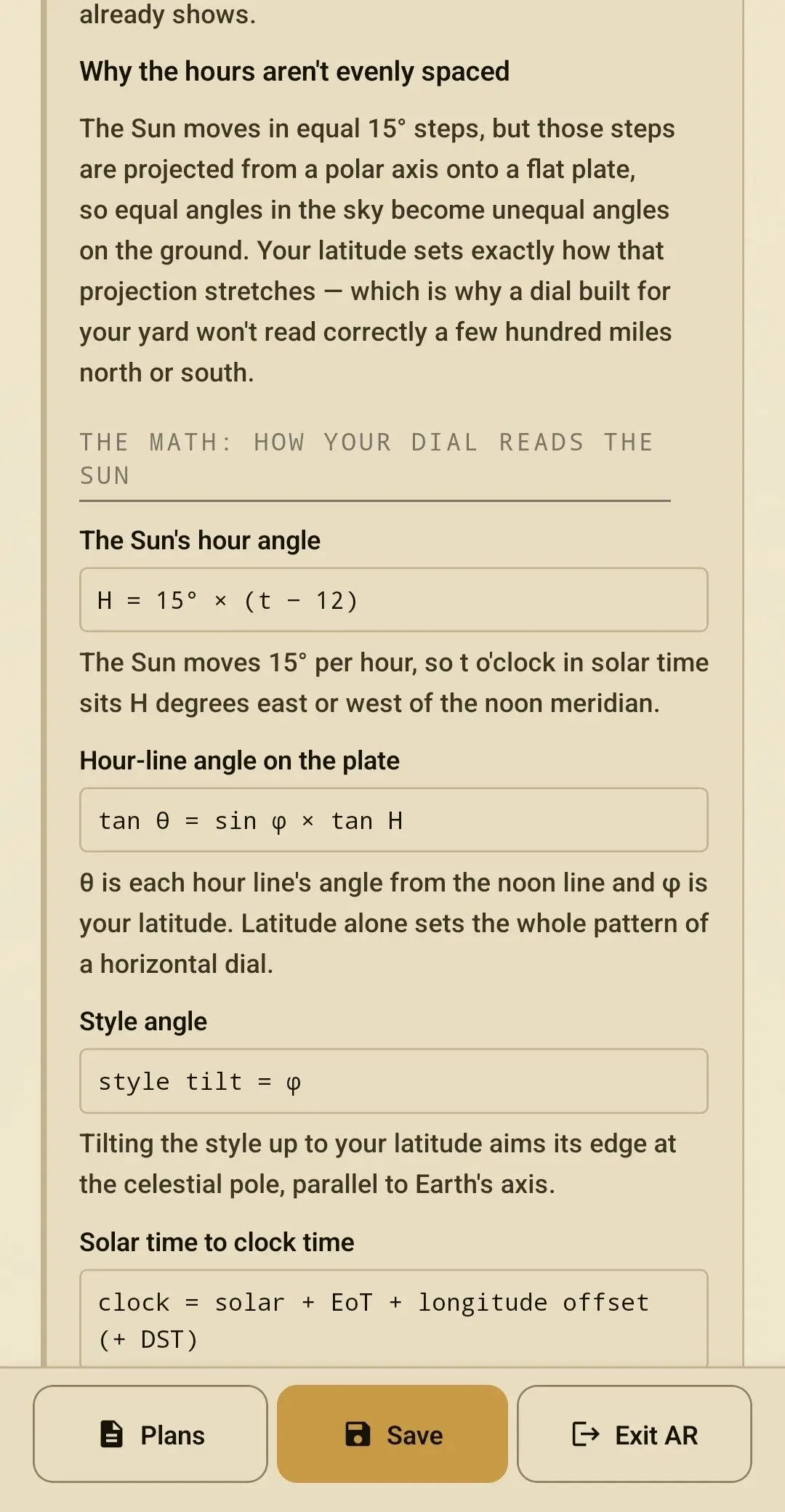The in-app “show the math” sheet with the hour-angle and style formulas