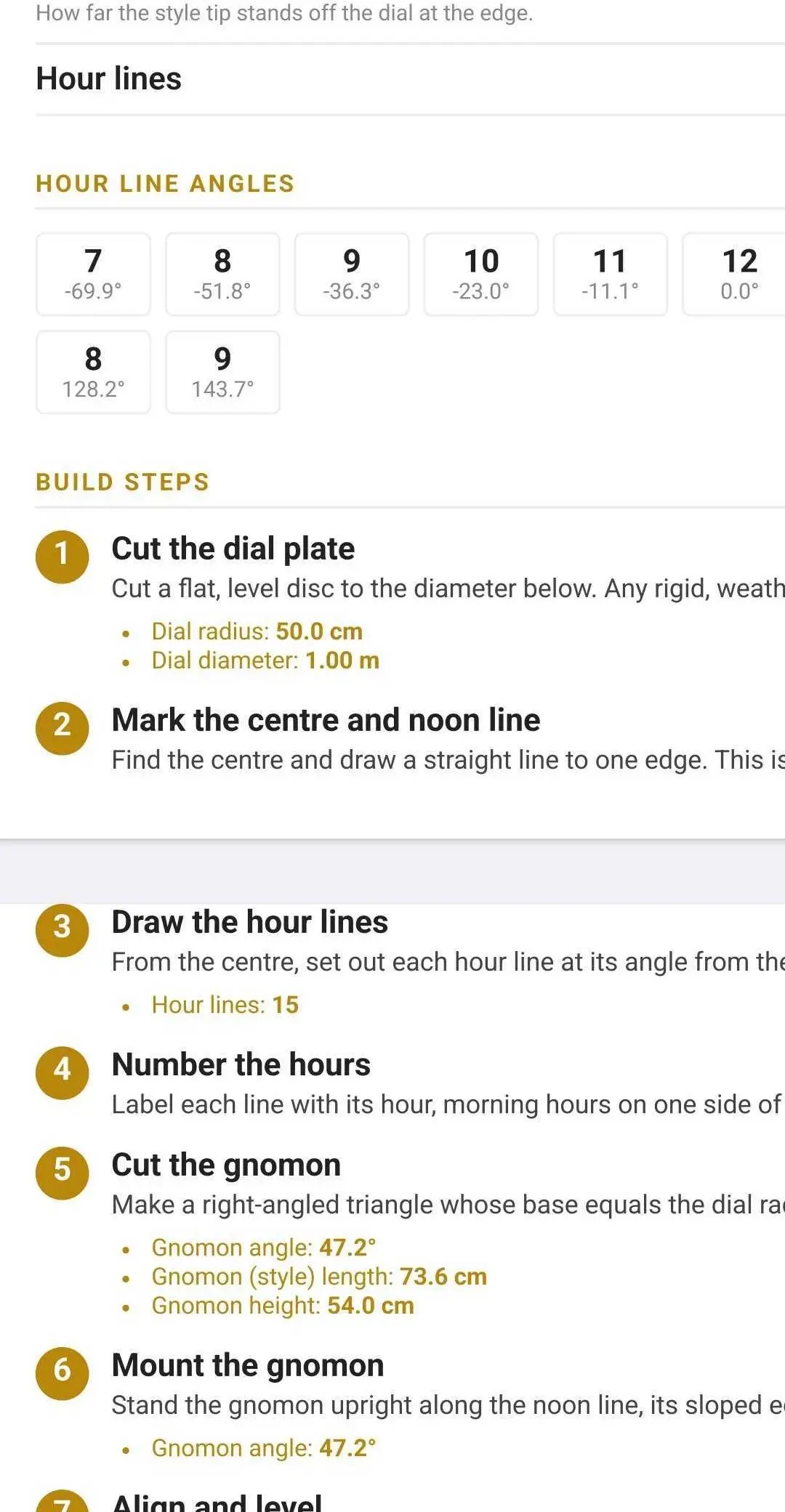 The hour-line angle table and numbered build steps from the plans